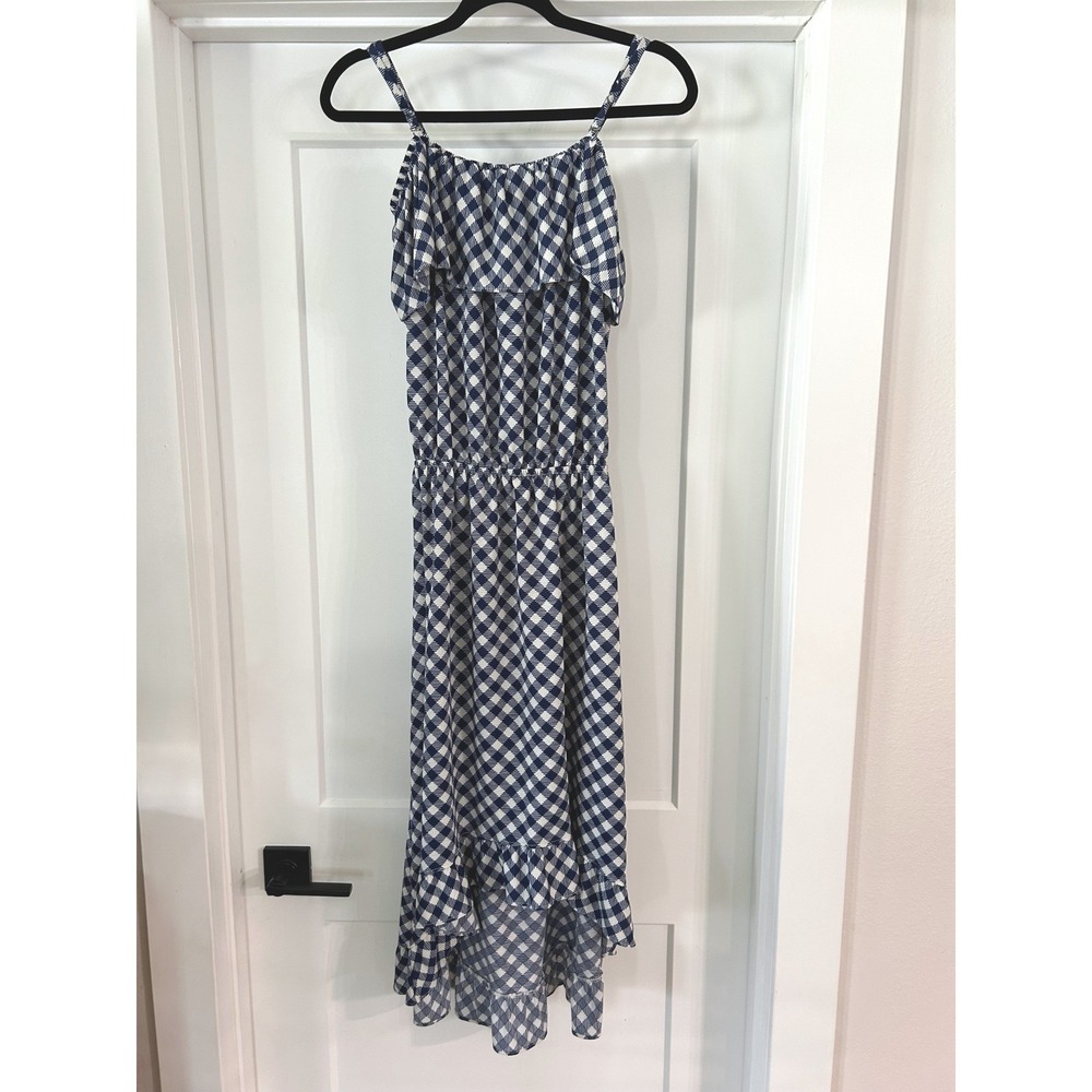Lildy Womens Gingham Off Shoulder High Low Ruffle Hem Dress Blue White L-XL